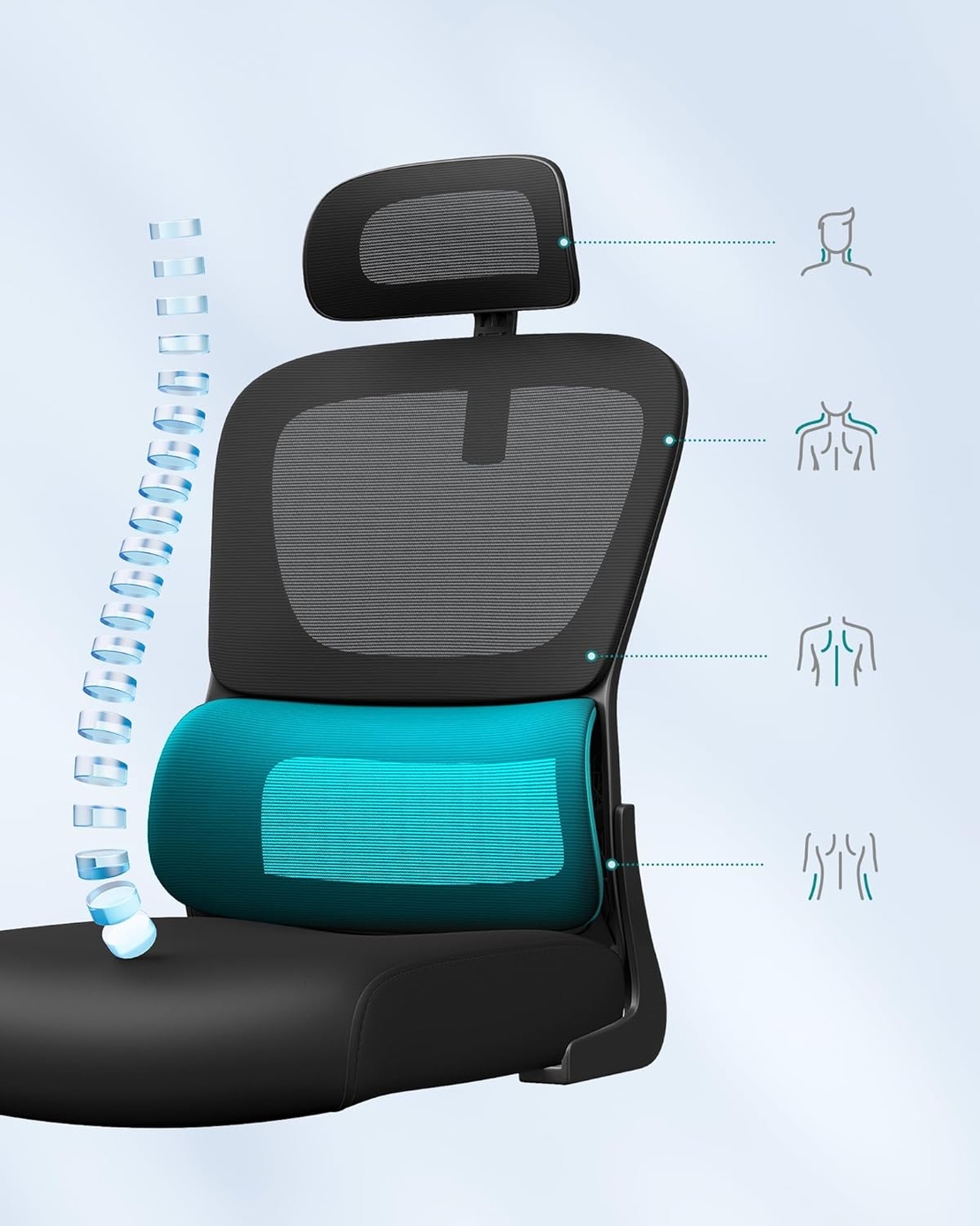 SONGMICS Scaun de birou ergonomic mesh, suport lombar dinamic, tetiera reglabila, brate rabatabile, 70x70x135 cm, negru