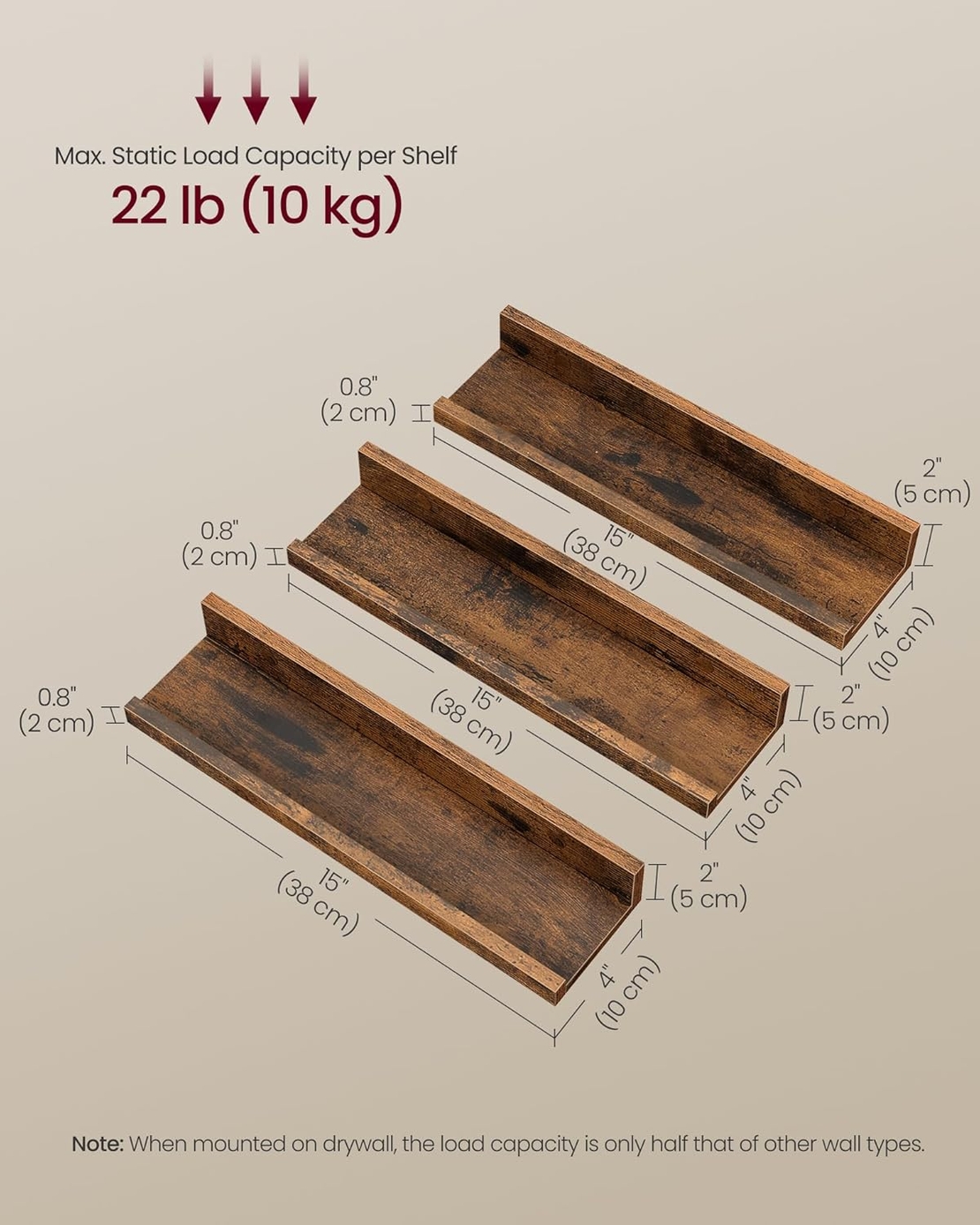 VASAGLE Set 3 rafturi suspendate plutitoare, cu margine frontala inaltata, 38x10x5 cm, maro rustic