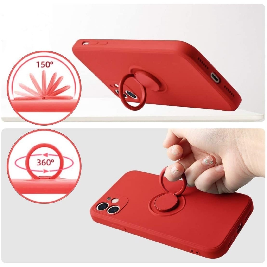 Husa protectie Vafy compatibila cu Apple iPhone 12 Liquid Silicone Ring cu suport rotativ Rosu