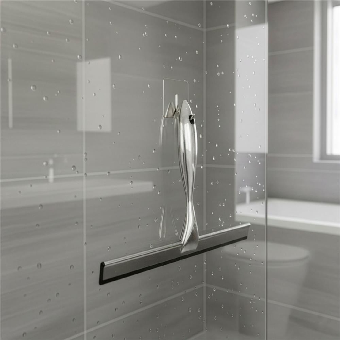 Racleta pentru baie din inox cu suport adeziv, lama 25 cm, finisaj lucios argintiu