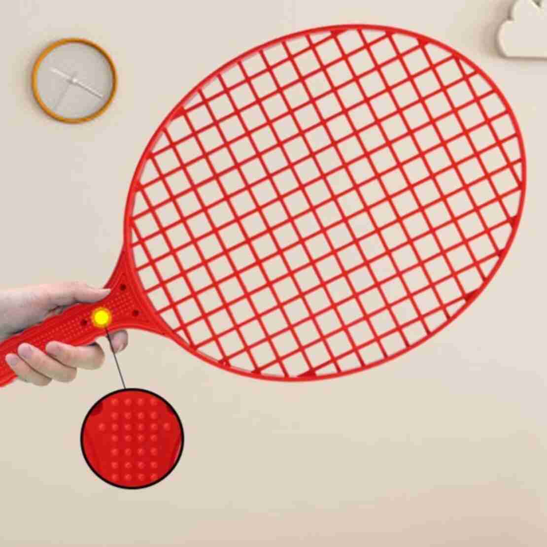 Set Badminton pentru Copii, Flippy, Doua Palete, Fluturas, 2 Mingi, Minge cu Elastic pentru Antrenament, Suport de Prindere Stabil, 40.5x23 cm, Rosu Galben