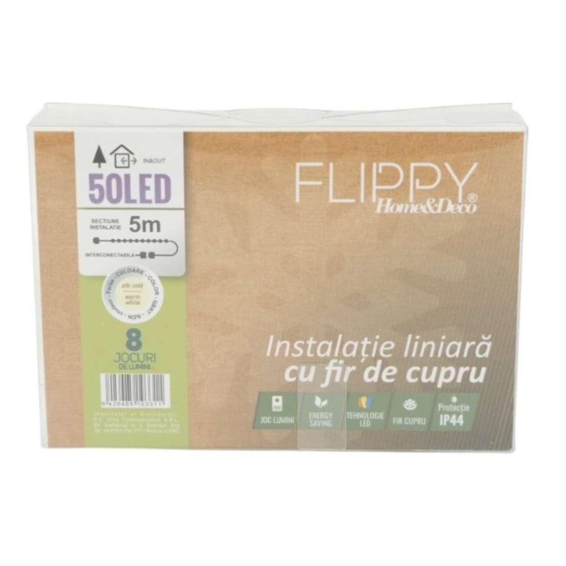 Instalatie de Craciun Liniara, Vafy®, Tip Liniara, Fir Cupru, 8 Jocuri de Lumini, cu Telecomanda, 5 m, 50 Led-uri, Alimentare USB, 4.5V, Alb Cald
