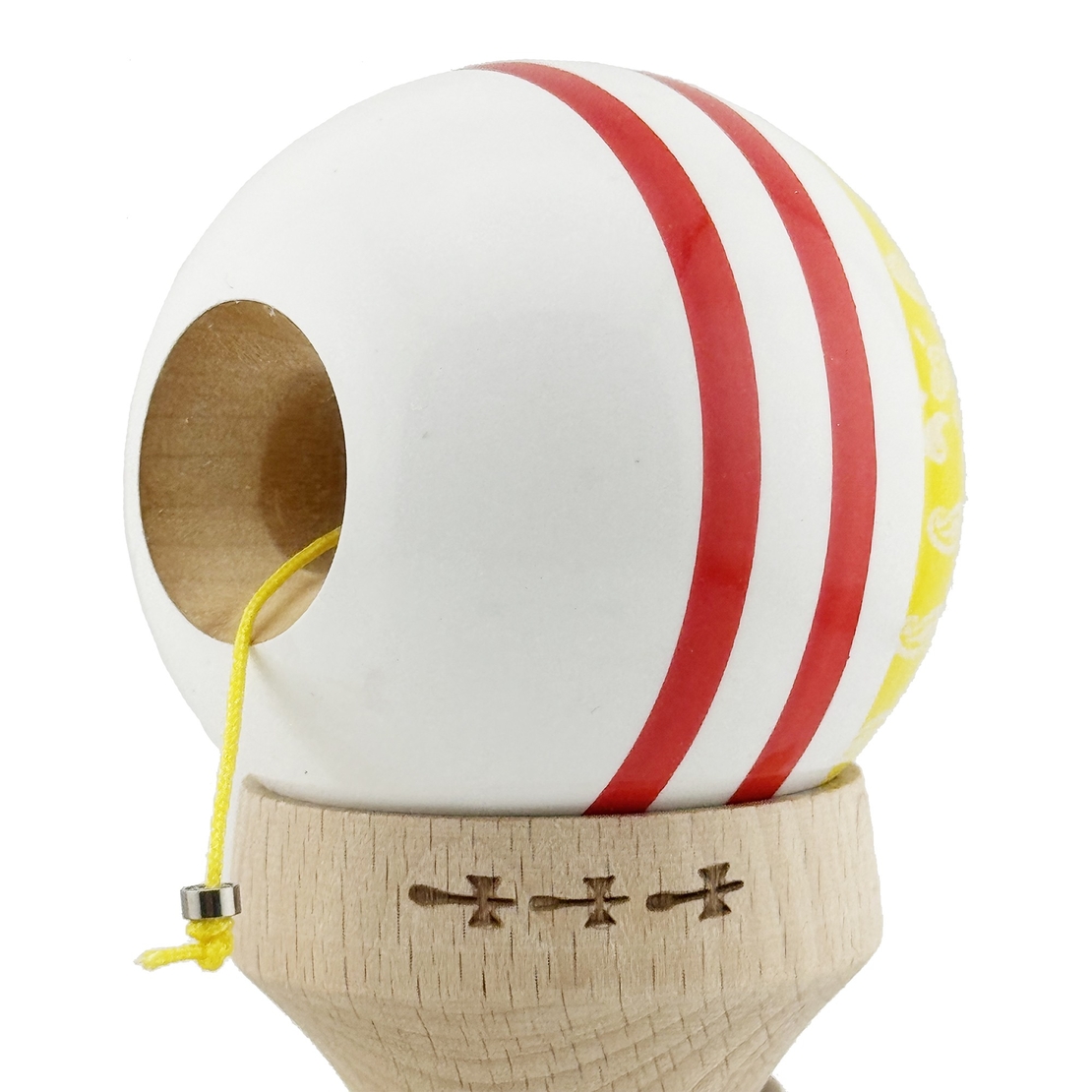 Kendama X Originala CHICANOS, Profesionala, Flippy, Cupe Mari KING SIZE V3, Super Sticky, Gaura in Baza, Rulment Metalic, din lemn 18 cm, Ata 62/65 cm, Galben/Alb