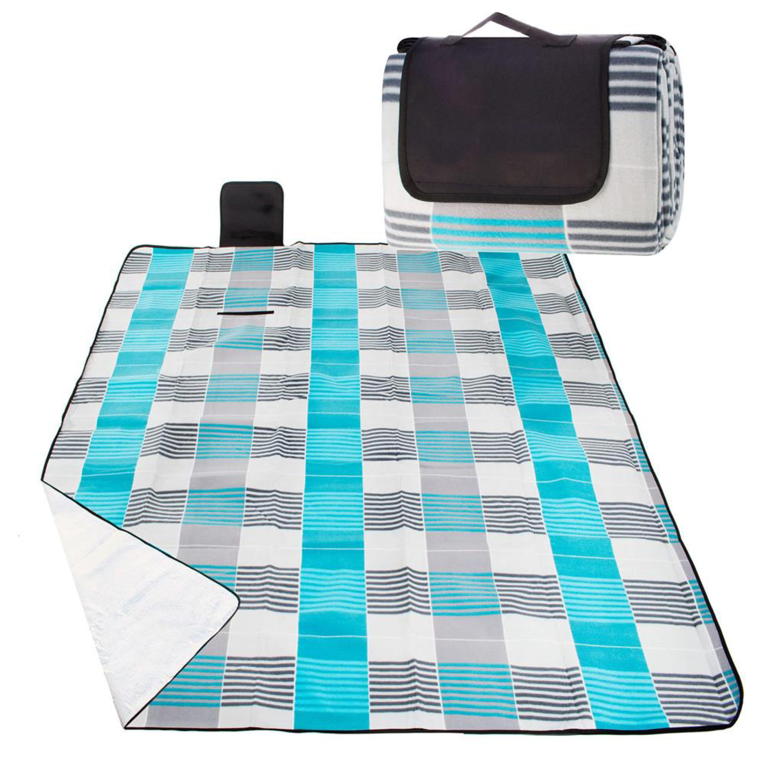 Patura pentru picnic sau plaja, cu folie izolatoare si maner, 200x240cm, albastru gri