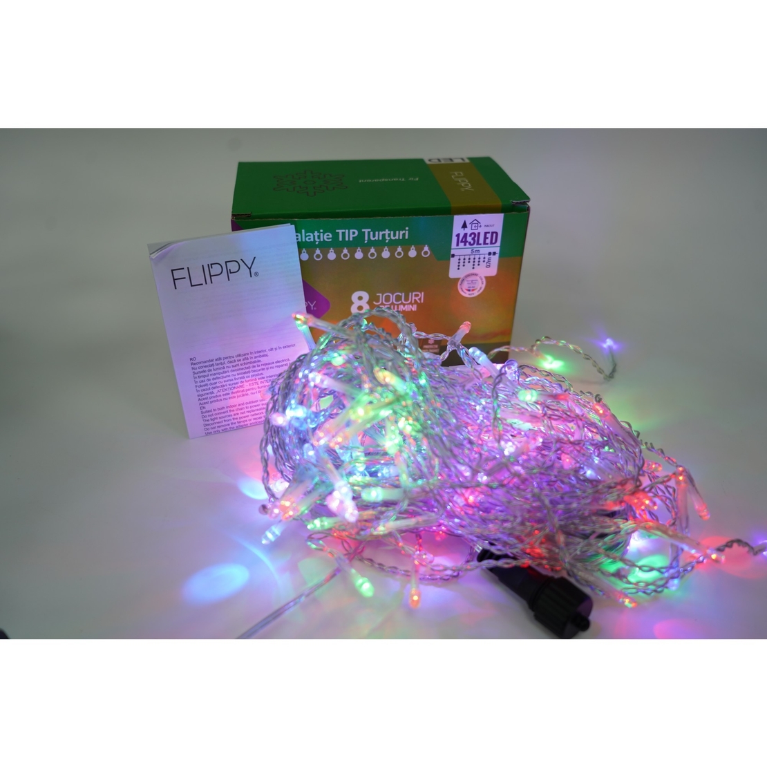 Instalatie de Craciun, Flippy®, Tip Turturi, Sectiune 5 m, 143 LED-uri, 8 Jocuri de Lumini, Fir Alb, Lumina RB-RG, IP44, Interconectabila