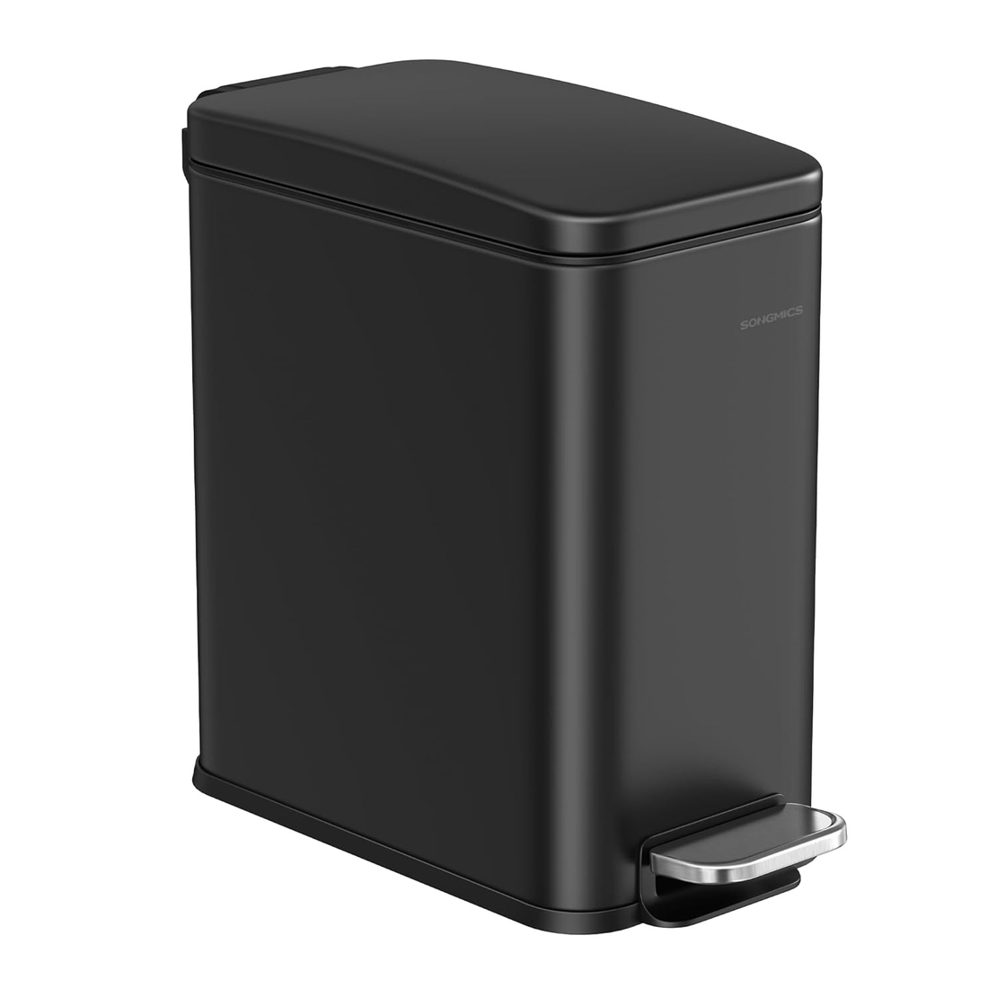 SONGMICS Cos de gunoi cu pedala, potrivit pentru baie, capac soft-close si galeata detasabila, otel inoxidabil, 5 litri, 30x14x29 cm, negru