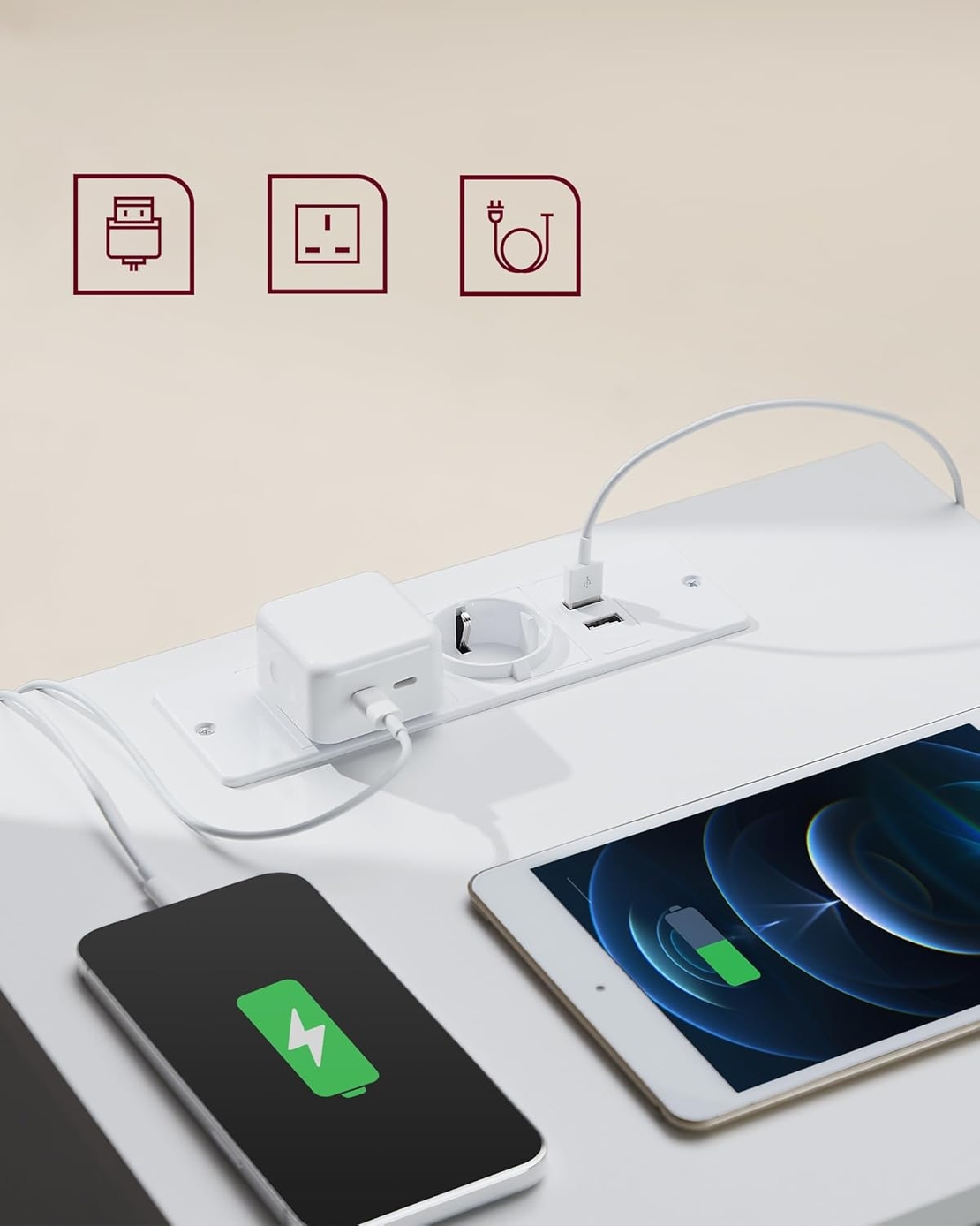 VASAGLE Set de 2 noptiere, cu sertare, 2 prize si 2 USB, 35x40x59 cm, alb