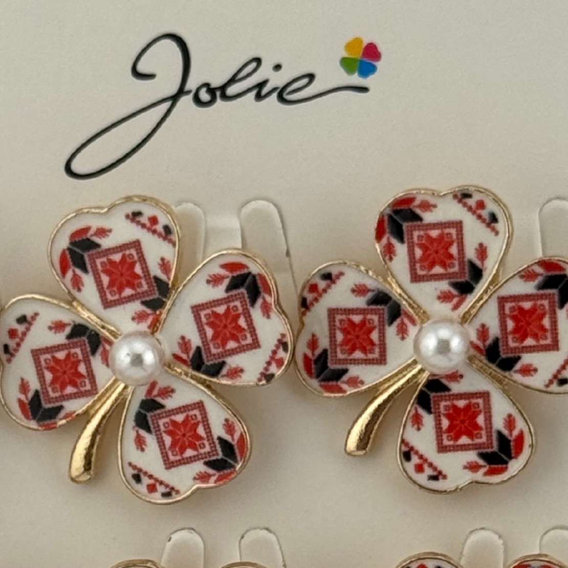 Set 12 Brose Martisor Primavara, Jolie, Model Trifoi Traditional cu Perla, Rosu