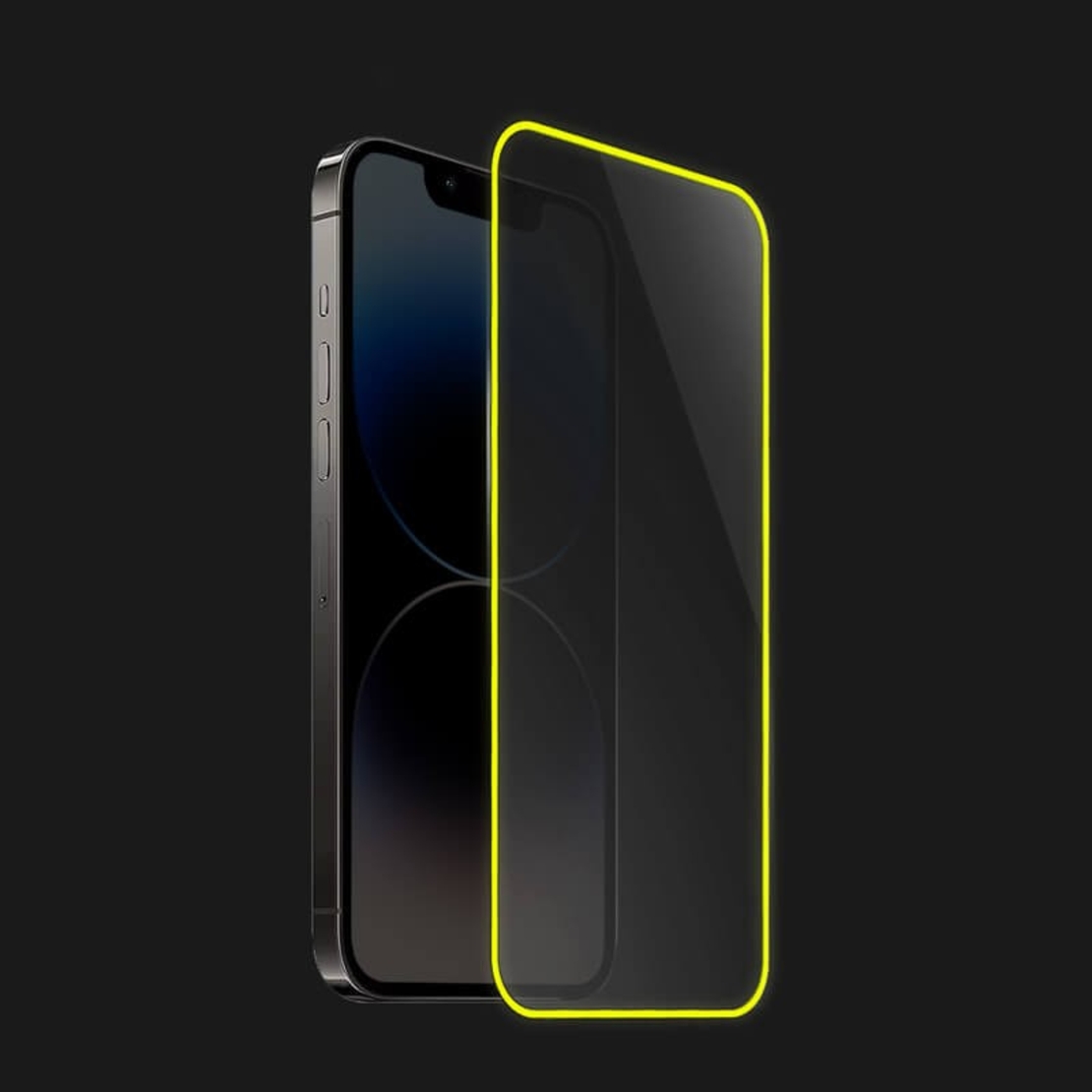 Folie de Sticla Securizata pentru Apple iPhone 15, Flippy, Luminous, Margine Fosforescenta Neon din Silicon, Mat, Anti-Amprenta, Protectie Completa, 9H, Galben
