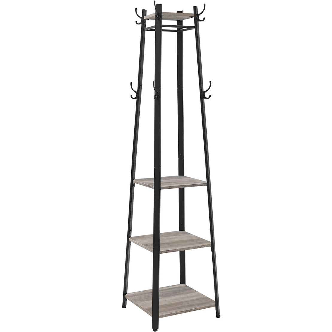 VASAGLE Cuier de haine cu 3 rafturi, suport cu carlige, din otel, 43x43x180 cm, stil industrial, gri si negru