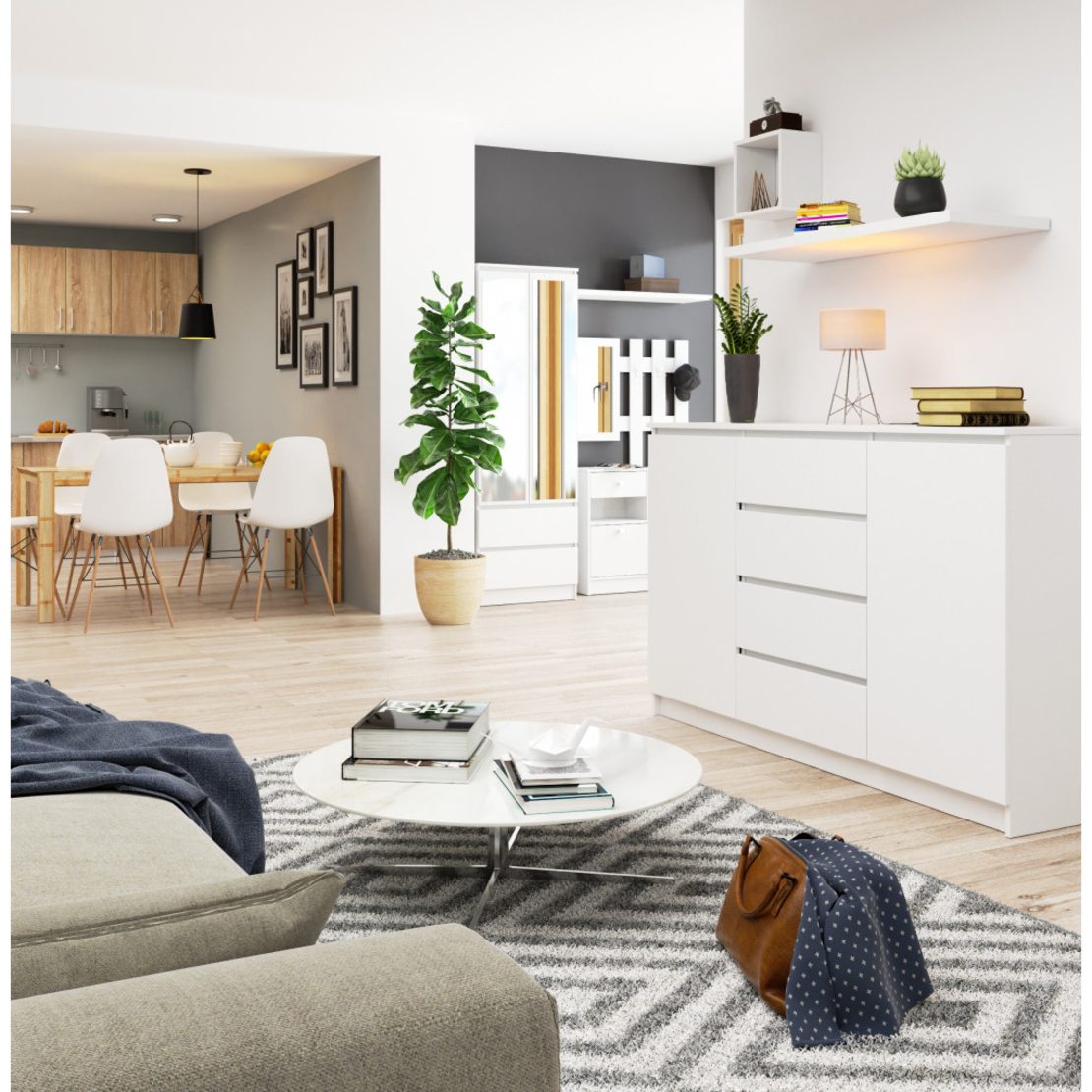 Comoda K160, cu 4 sertare si 2 dulapuri, PAL laminat 16 mm, 160x40x99 cm, alb