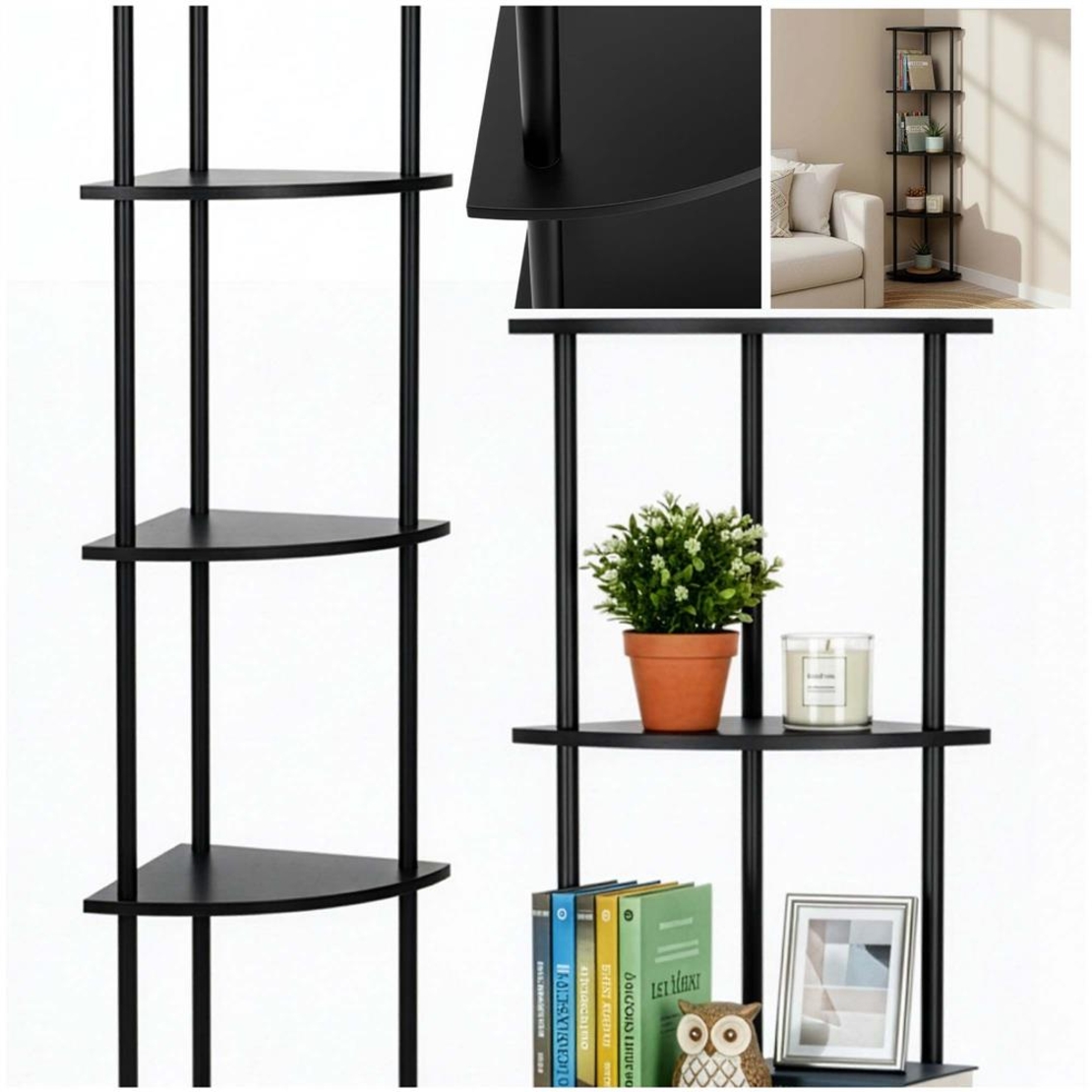 Raft de colt cu 5 polite, MDF, cadru metalic, 148x30x30 cm, negru