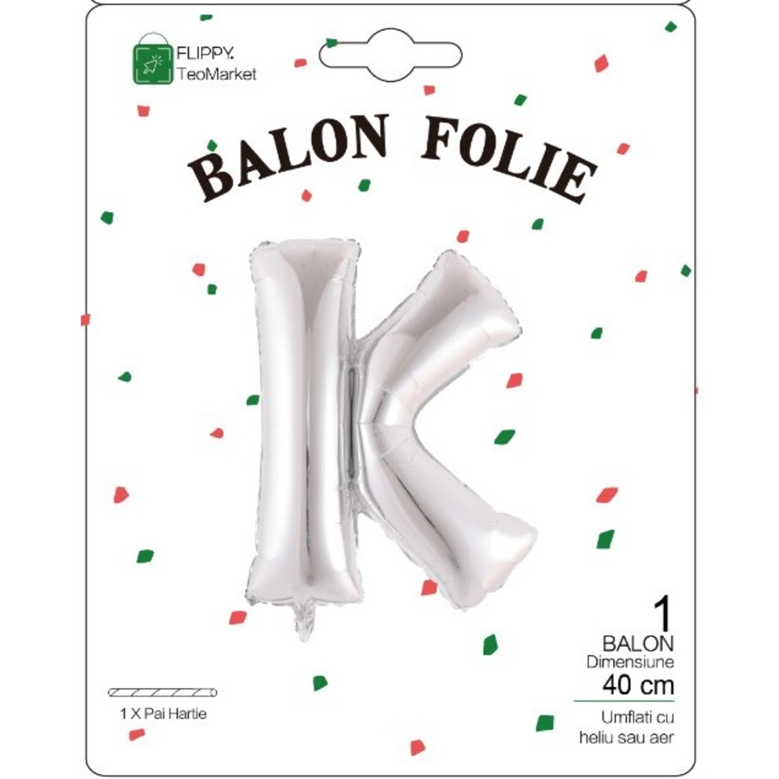 Balon Folie Metalizata Litera K, Flippy, 40 cm, Umflati cu Heliu sau Aer, Ambalaj Individual, Pai inclus, Argintiu