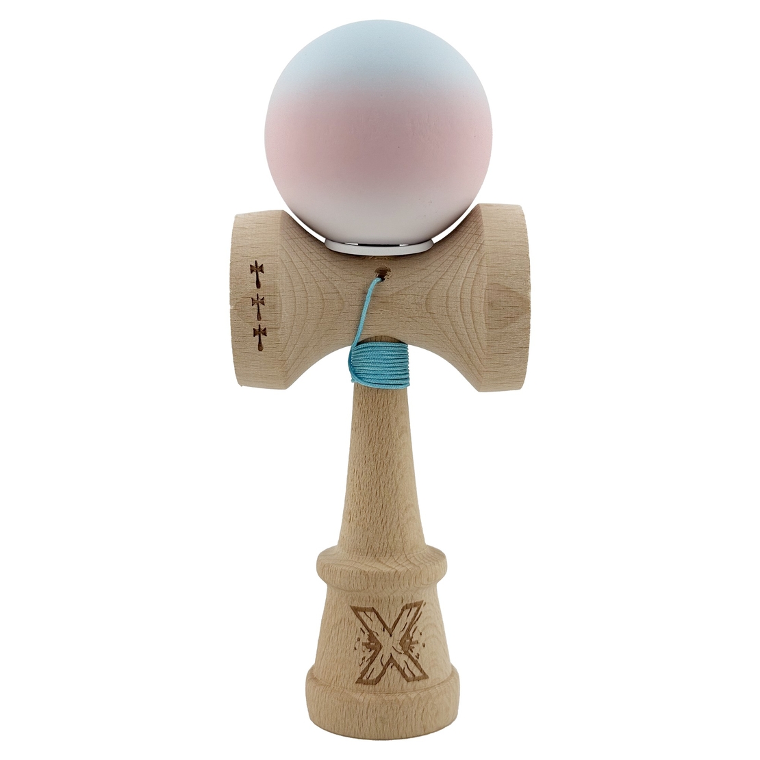 Kendama X Originala, Profesionala, Flippy, Cupe Mari KING SIZE V3, Rubber Grip, Gaura in Baza, Rulment Metalic, din lemn 18 cm, Ata 62/65 cm, Gradient Albastru deschis/Roz/Alb