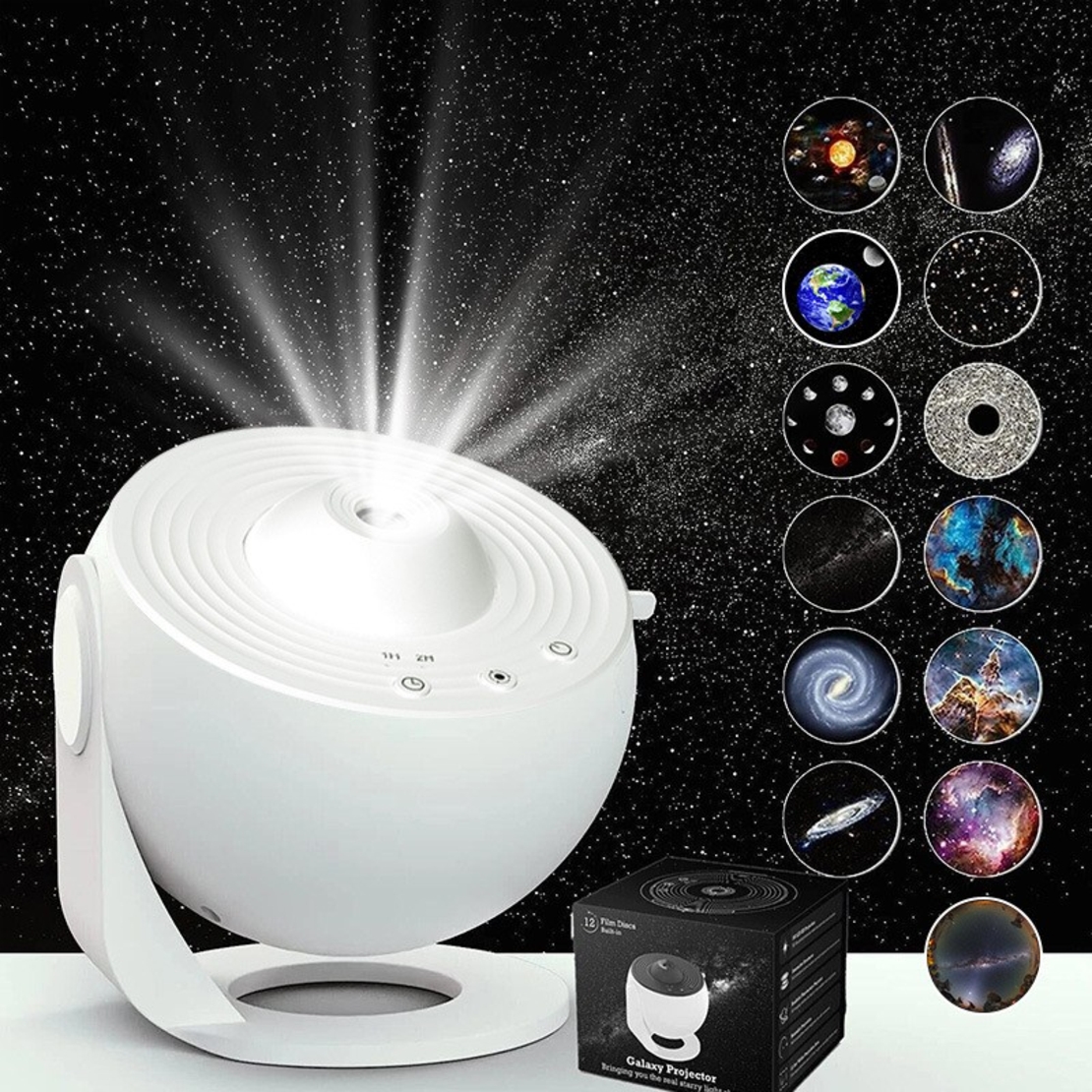 Lampa Tip Proiector Galaxie, Flippy, pentru Dormitor, Tematica Cer Instelat, Model Glob, HD, Rotire 360 de Grade, 13 Imagini, Incarcare USB, 5 W, 11.2x10.8x10.9 cm, Alb