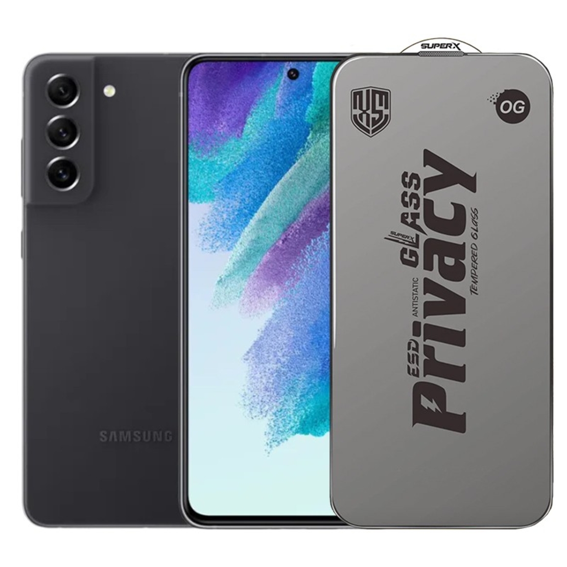 Folie de Protectie pentru Samsung Galaxy S21 FE, Vafy, Sticla Securizata ESD Antistatica, Super-X Privacy OG, Margini Negre, 0.30 mm, Transparent Inchis