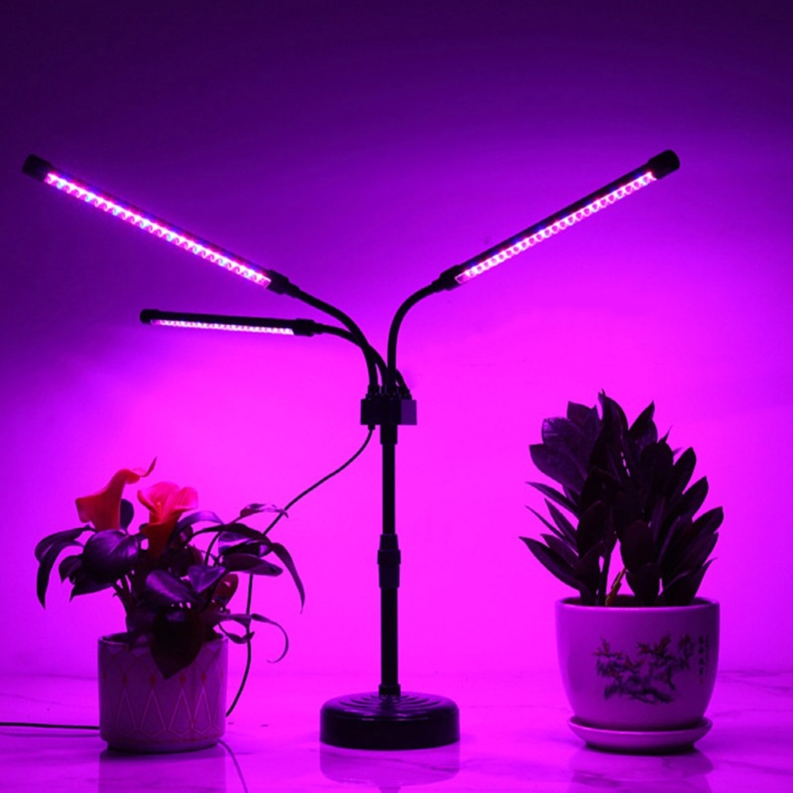 Lampa UV pentru cresterea plantelor, Flippy, Alimentare cu USB, 15W, 3 capete, 72 LED-uri, 9 nivele lumina, Timer, Inaltime Ajustabila pana la 65 cm Lumina Mov