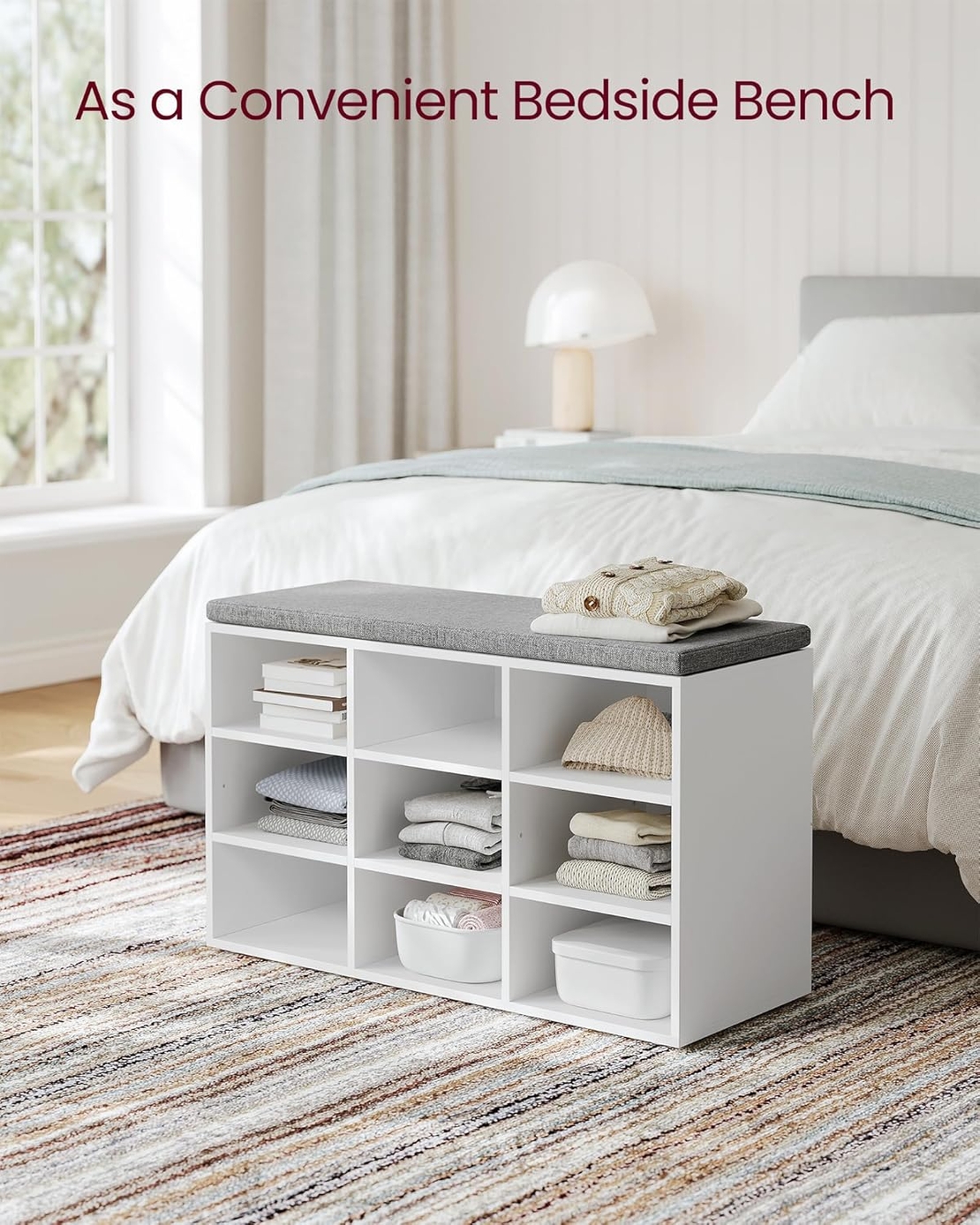 VASAGLE Pantofar cu banca cu 9 compartimente si perna, sarcina 136 kg, 79x30x48 cm, alb