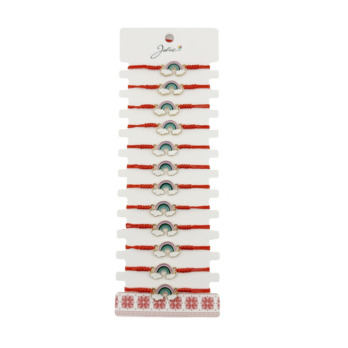 Bratara Martisor pentru Dama, Jolie, Model Curcubeu cu Nori, Set 12 bucati, Pandativ din Inox Auriu, Snur Ajustabil Impletit, Rosu