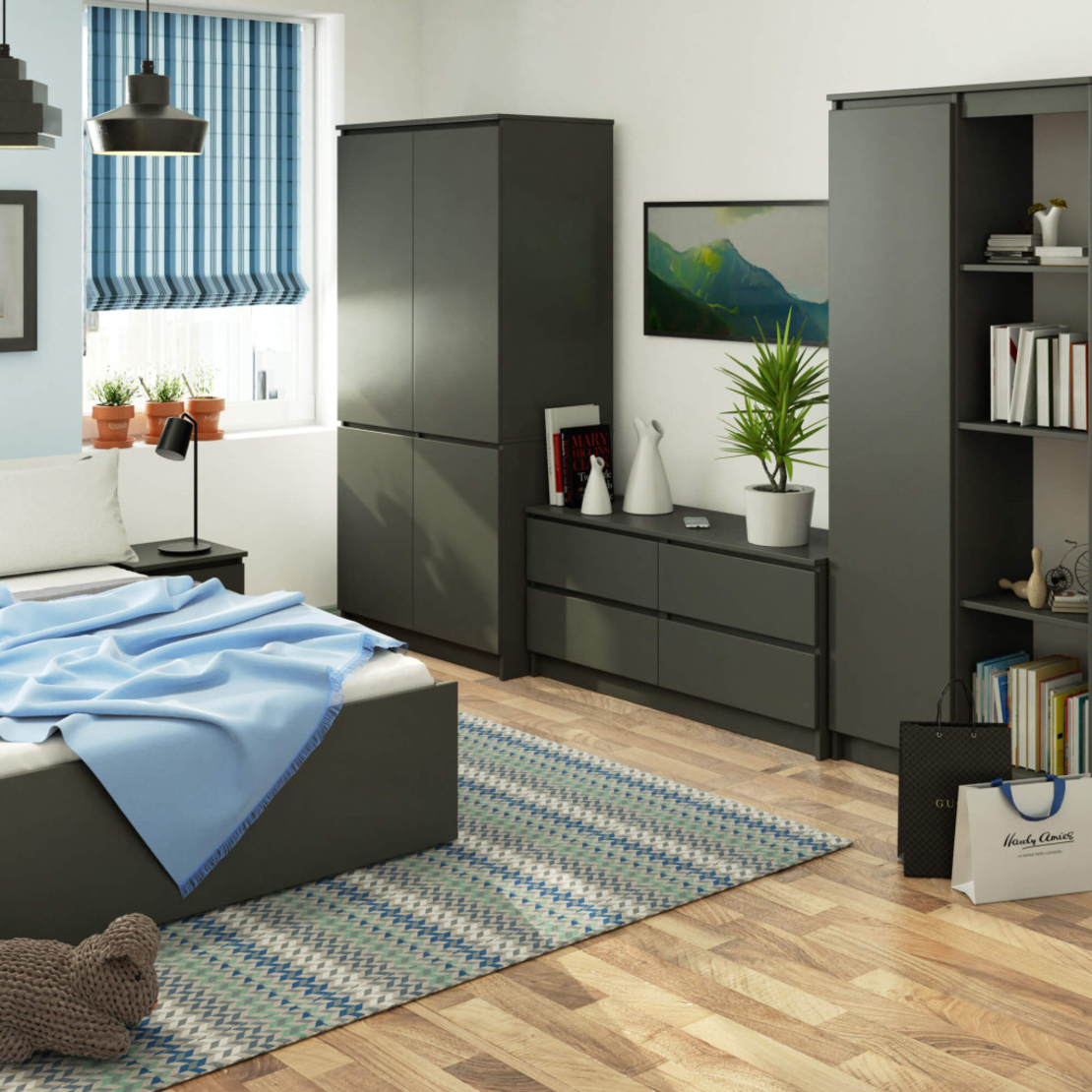 Dulap cu 4 usi, rafturi si bara pentru umerase, PAL laminat, 90x51x180 cm, gri grafit