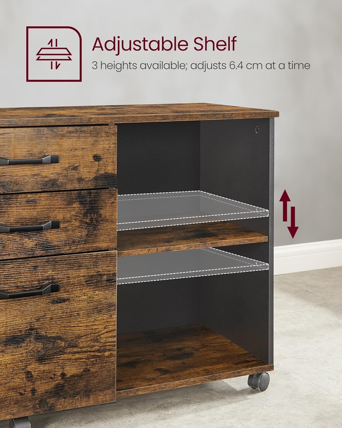 VASAGLE Dulap mobil tip rollbox pentru birouri, sertar cu sina suport dosare, stil industrial, 40x80x66 cm, maro rustic