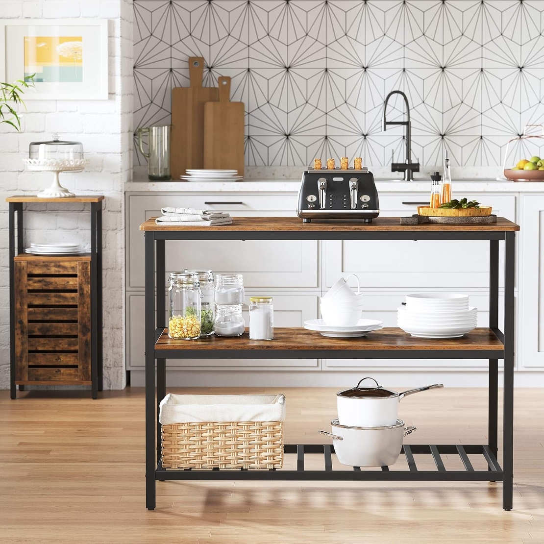 VASAGLE Raft de bucatarie tip insula, cadru de otel cu 3 nivele, stil industrial, 60x120x90cm, maro