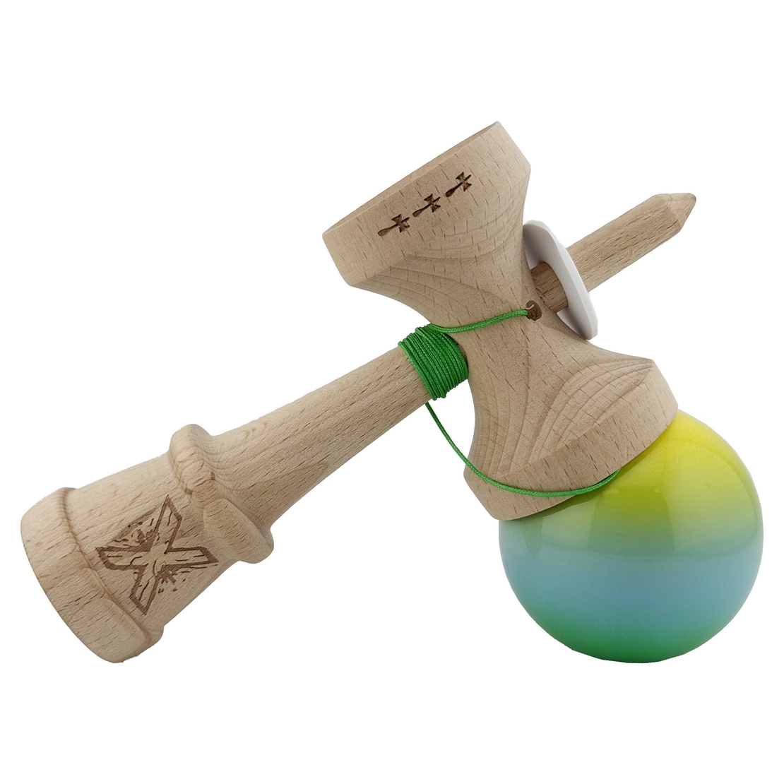 Kendama X Originala, Profesionala, Flippy, Super Sticky cu Cupe Mari KING SIZE V3, Gaura in Baza, Rulment Metalic, din lemn 18 cm, Ata 62/65 cm, Gradient Galben/Albastru/Verde