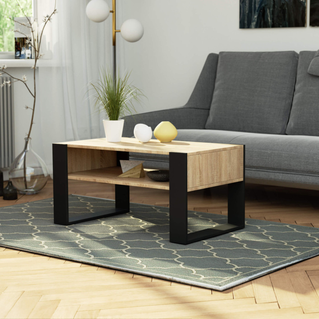 Masuta de cafea Domi cu raft inferior, blat laminat, 92x50x45 cm, stejar sonoma si negru