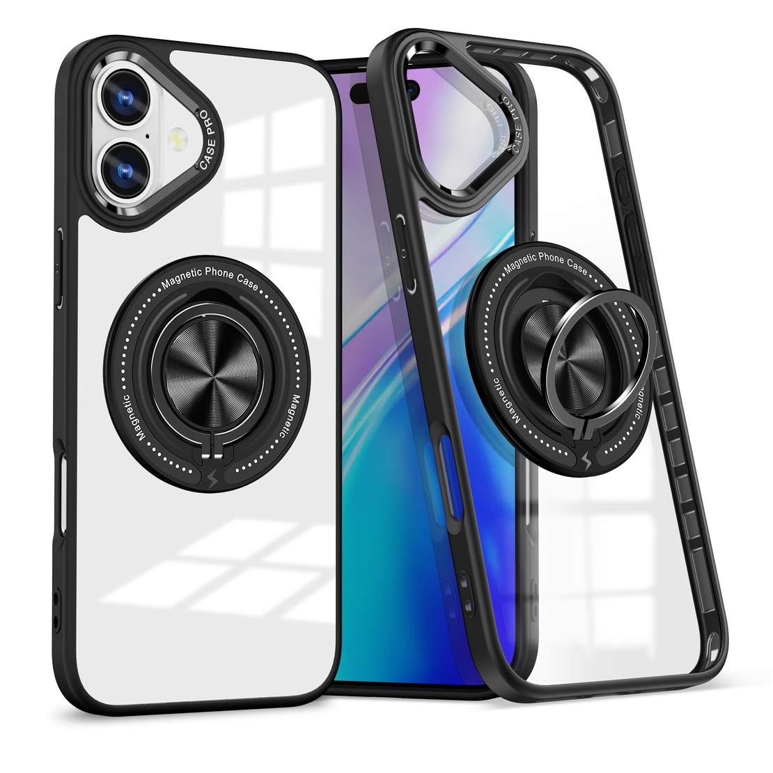Husa de Protectie TPU, Vafy, pentru iPhone 16, Anticadere, cu Incarcare Wireless, Tehnologie Magsafe, Inel Magnetic Rotativ cu Functie de Suport, Transparent-Negru
