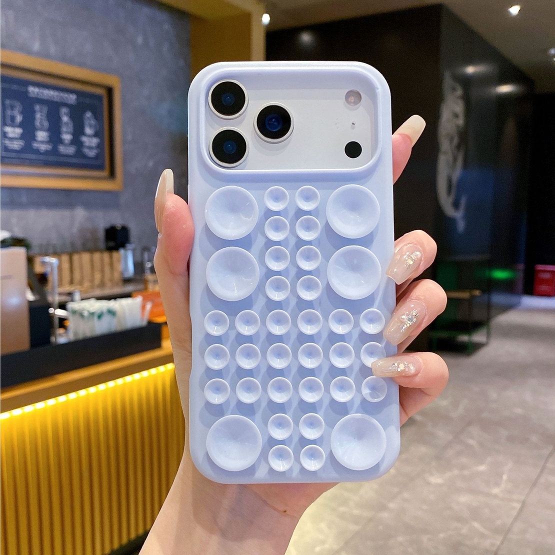 Husa cu Ventuze, Vafy, Compatibila iPhone 17 Pro, din Silicon, Interior Microfibra, Albastru Gri