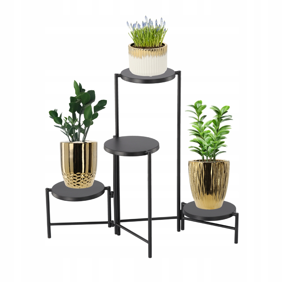 Suport pentru flori cu structura metalica, 4 niveluri, cu rafturi rotunde, 60x43x60 cm, negru