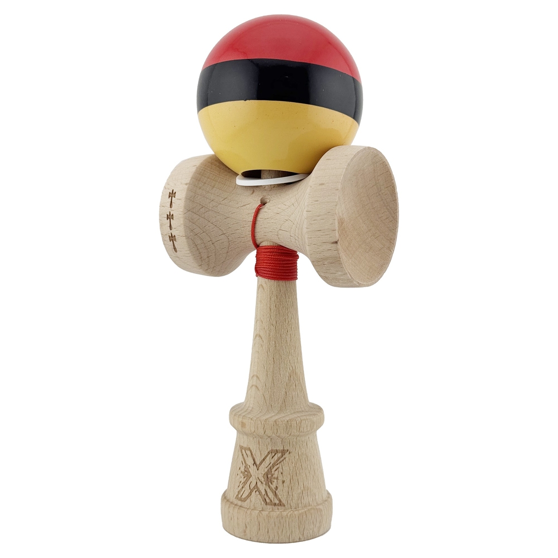 Kendama X Originala, Profesionala, Flippy, Super Sticky cu Cupe Mari KING SIZE V3, Gaura in Baza, Rulment Metalic, din lemn 18 cm, Ata 62/65 cm, Rosu/Negru/Galben