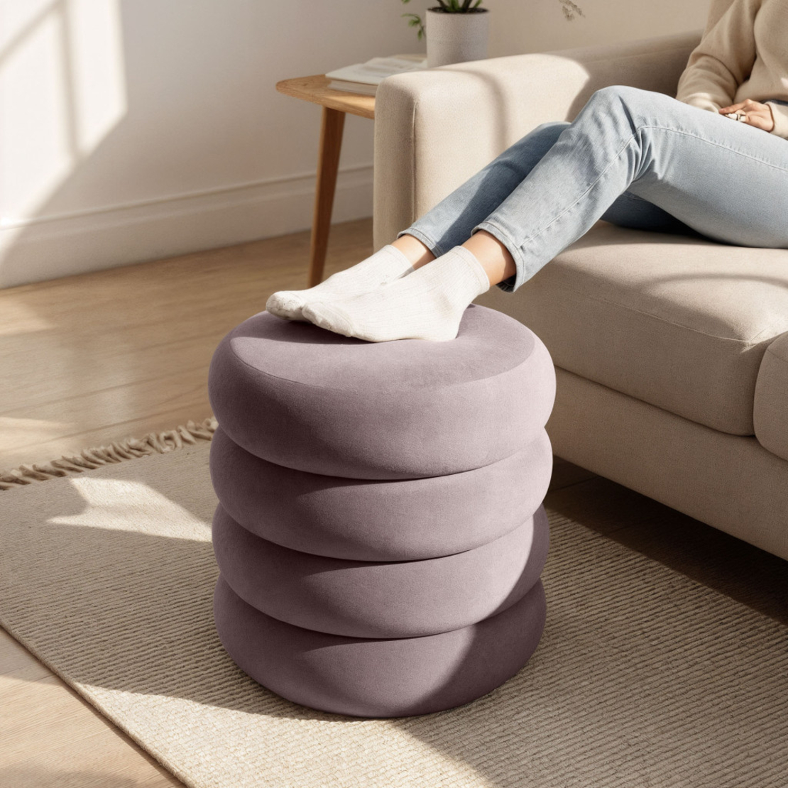 Taburet tapitat Snuggo cu spatiu de depozitare, velur, diametru 42 cm, inaltime 45 cm, roz pudrat