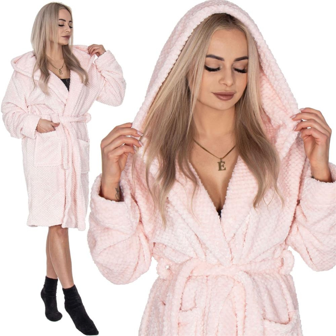Halat de baie pentru femei pana la genunchi, cu gluga, marimea L/XL, roz