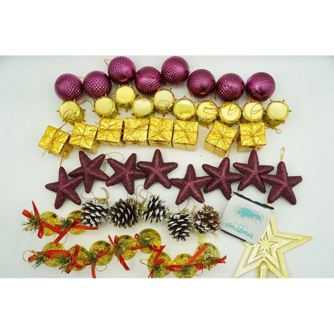 Set de 50 ornamente de brad, Flippy, de tip Glob, Rosu/ Auriu, din plastic, cu finisaj sclipitor , cutie 18 cm lungime x 12 cm adancime x 18 cm inaltime