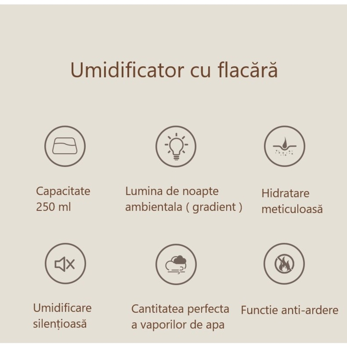 Umidificator de tip flacara, Flippy, cu aromaterapie, 7 culori, 250 ml, alb