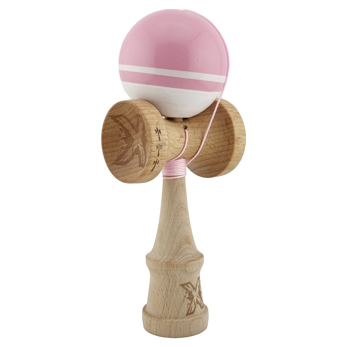 Kendama X Originala, Profesionala, Flippy, Big Cups V2, Super Sticky cu Cupe Mari, din lemn 18 cm, Rulment Metalic cu Ata 55 cm, Roz/Alb