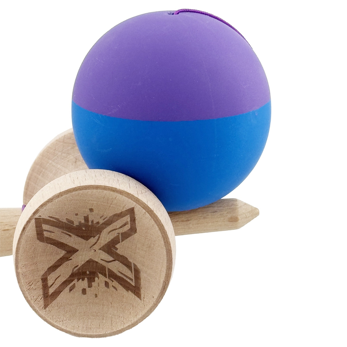 Kendama X Originala, Profesionala, Flippy, Rubber Grip, Cupe Mari KING SIZE V3, Gaura in Baza, Rulment Metalic, din lemn 18 cm, Ata 62/65 cm, Bicolor Mov/Albastru
