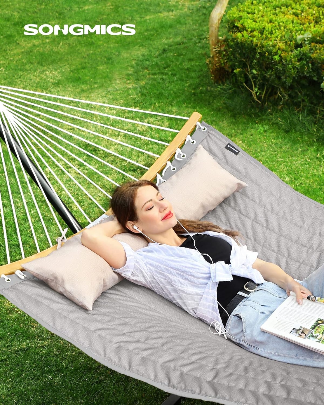 SONGMICS Hamac dublu cu bare curbate din bambus, perna inclusa, maxim 225 kg, 200x140 cm, gri