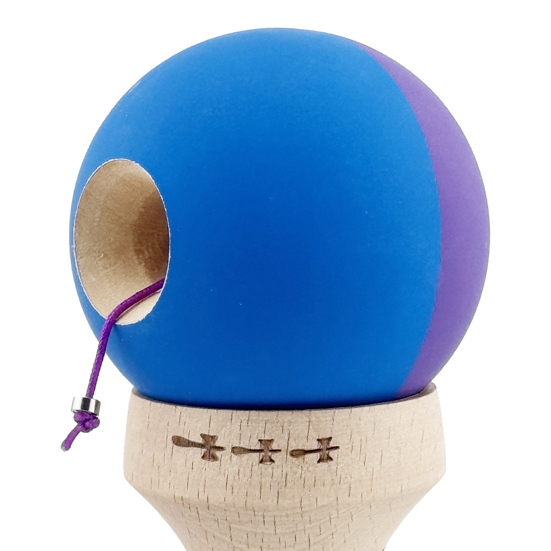 Kendama X Originala, Profesionala, Flippy, Rubber Grip, Cupe Mari KING SIZE V3, Gaura in Baza, Rulment Metalic, din lemn 18 cm, Ata 62/65 cm, Bicolor Mov/Albastru