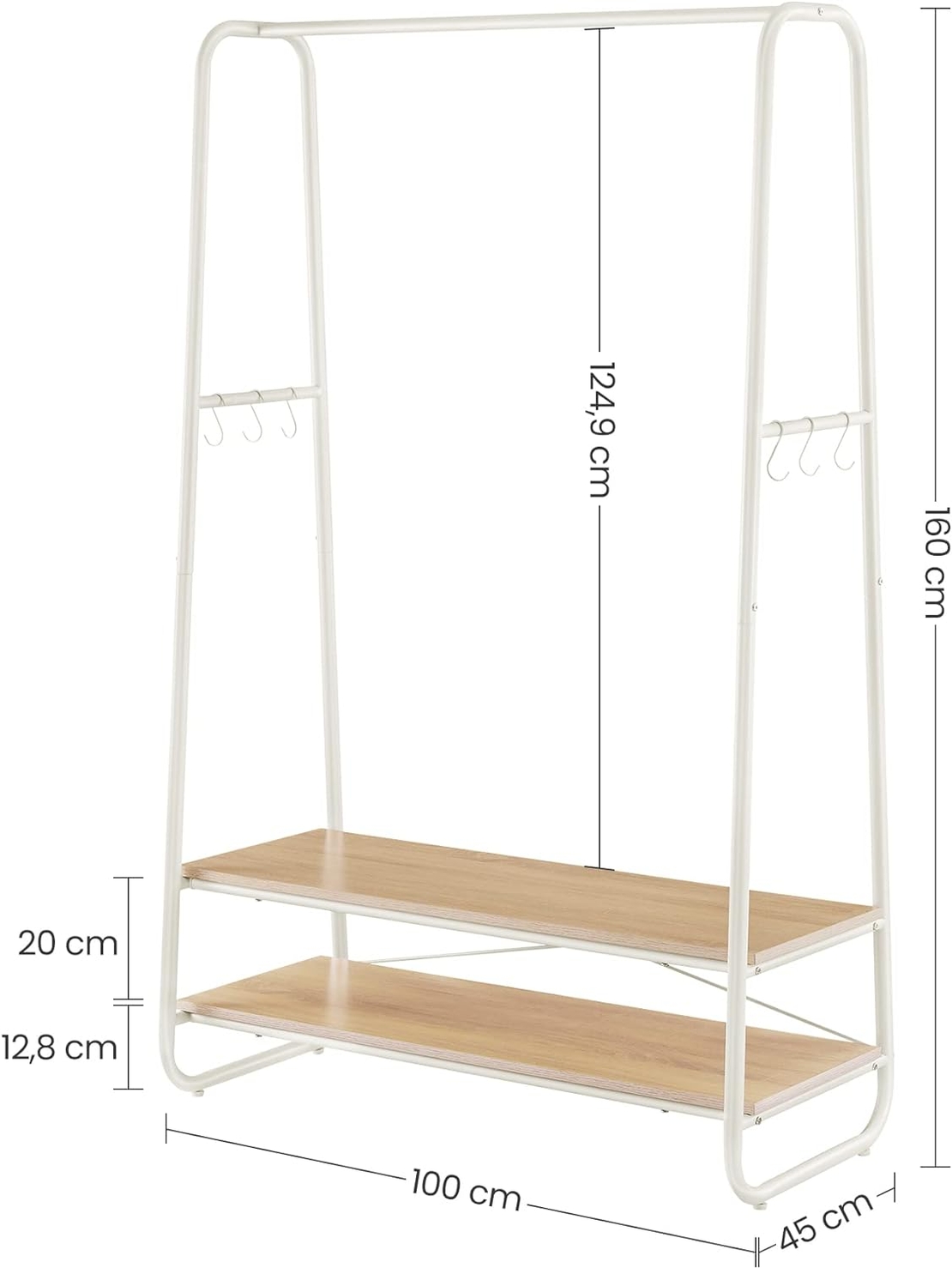 VASAGLE Raft pentru haine cu suport pentru pantofi, 2 polite, 6 carlige laterale, 45x100x160cm, alb-crem