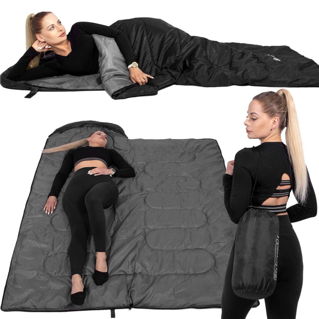 Sac de dormit tip mumie, cu geanta de transport, 210x73cm, 8-20grade, culoare negru