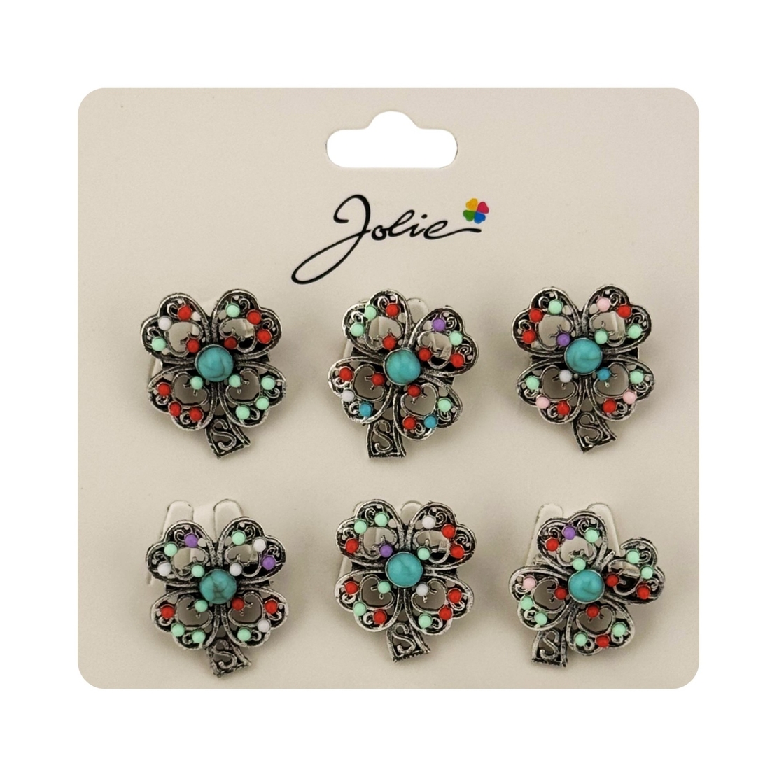 Brose Martisor Primavara, Jolie, Set 12 Bucati, Model Trifoi cu Pietre Decorative, Brosa din Metal, Dimensiune 3 x 2 cm per Bucata, Argintiu/Albastru deschis