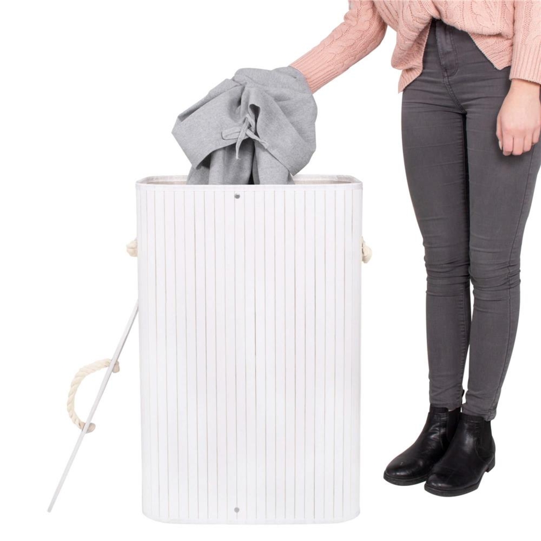 Cos de rufe cu capac, din bambus cu sac textil detasabil, 72 litri, 40x28x60 cm, alb si gri