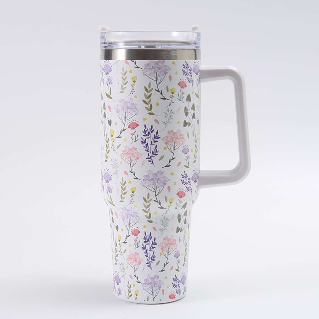 Cana Termos din Plastic, Flippy, pentru Bauturi Calde si Reci, cu Maner, Imprimeu Floral, Alb, 10x7.6x27.5 cm