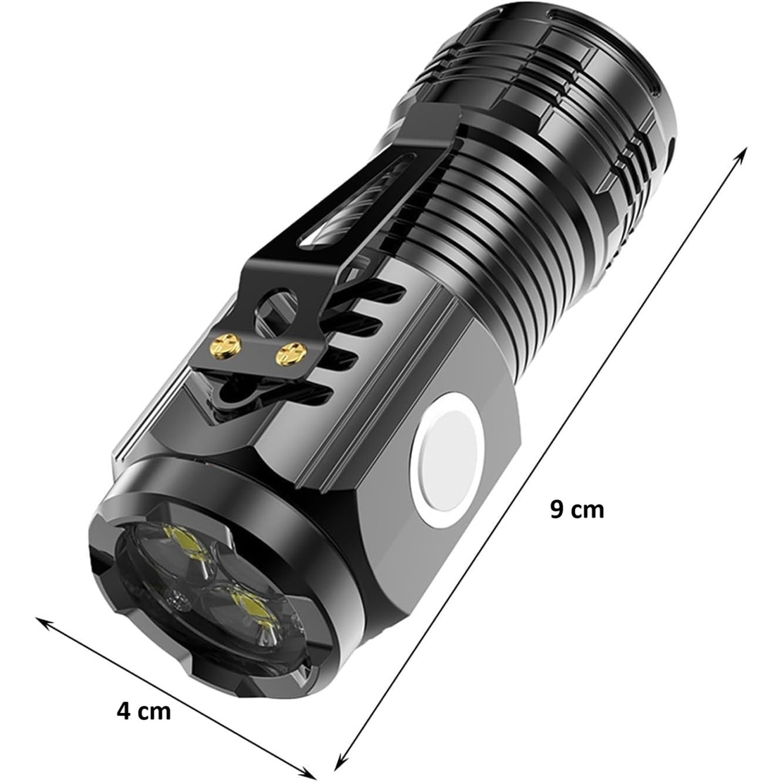 Lanterna cu 3 Nuclee Led, Vafy, Incarcare USB, Autonomie 4-20h, Raza Maxima 100-200 m, 5W, 4 x 4 x 9 cm, Suport de Agatat, Fund Magnetic, Negru