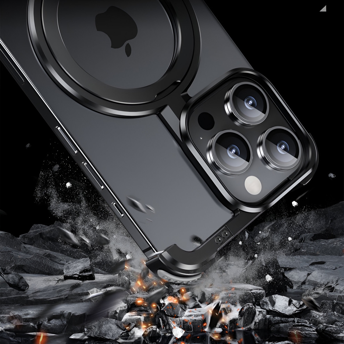 Husa MagSafe Metalica Compatibila cu iPhone 15 Pro Max, Vafy, Clear Case, Aliaj de Aluminiu, cu Magnet, fara Rama, Antisoc, Antizgariere, Incarcare Wireless, Negru Metalizat