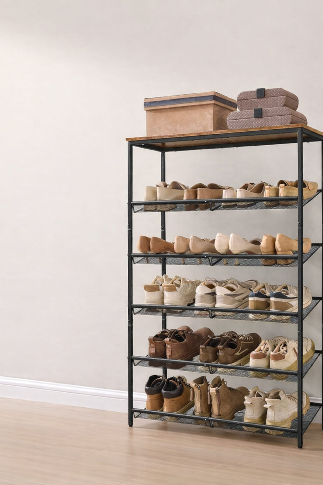 VASAGLE Etajera pantofi 6 niveluri, rafturi metalice reglabile, blat din PAL, stil industrial, 75x28x114 cm, maro rustic