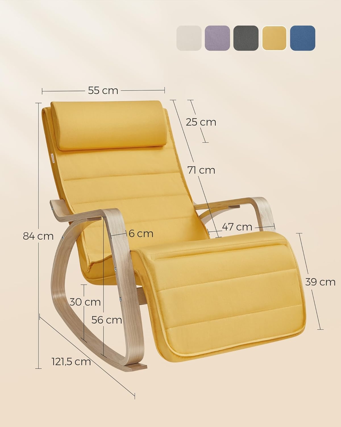 SONGMICS Scaun balansoar din lemn, suport picioare reglabil, maxim 150kg, 121x67x84 cm, galben