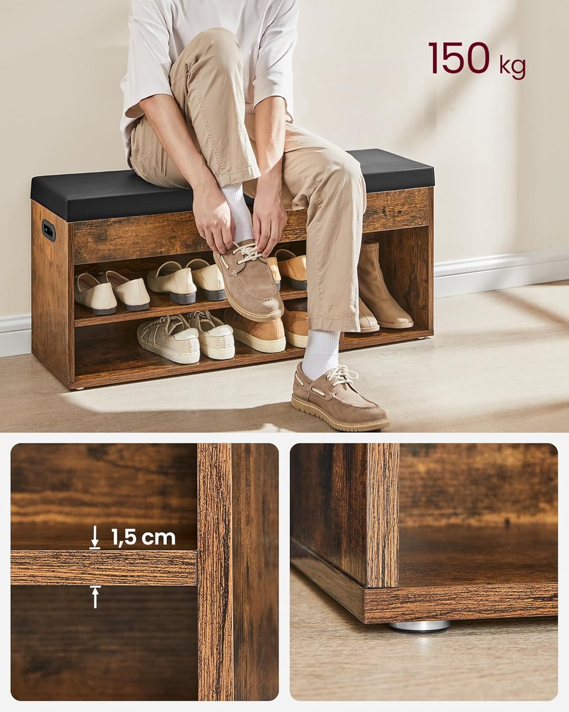 VASAGLE Pantofar cu banca capitonata, 3 compartimente, sarcina 150 kg, 30x100x44 cm, vintage, maro rustic